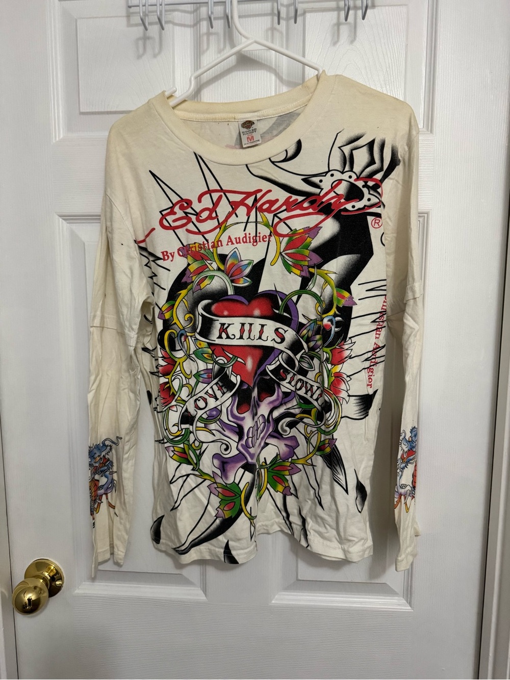 Ed Hardy Y2K Cream Long Sleeve Tee with Red Heart & Multicolor Tattoo Graphic
